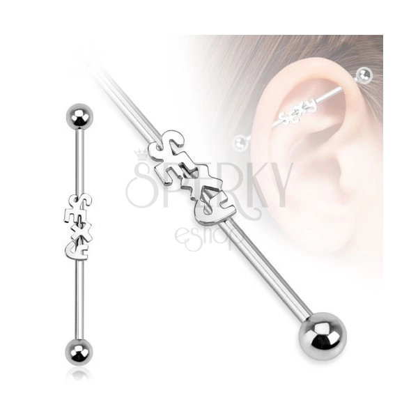 Ocelový piercing do ucha - činka s nápisem SEXY a kuličkami