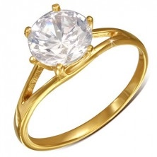 Zlatý ocelový prsten, rozdvojená ramena a velký třpytivý zirkon