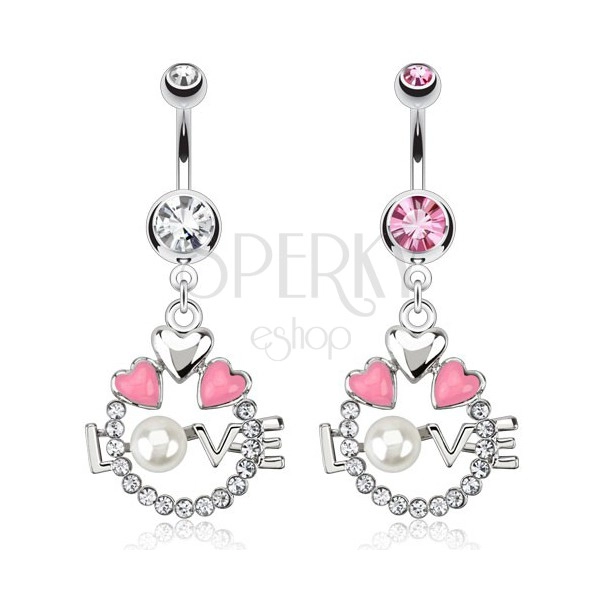 Ocelový piercing do pupíku - kruh, srdce, nápis LOVE s perlou