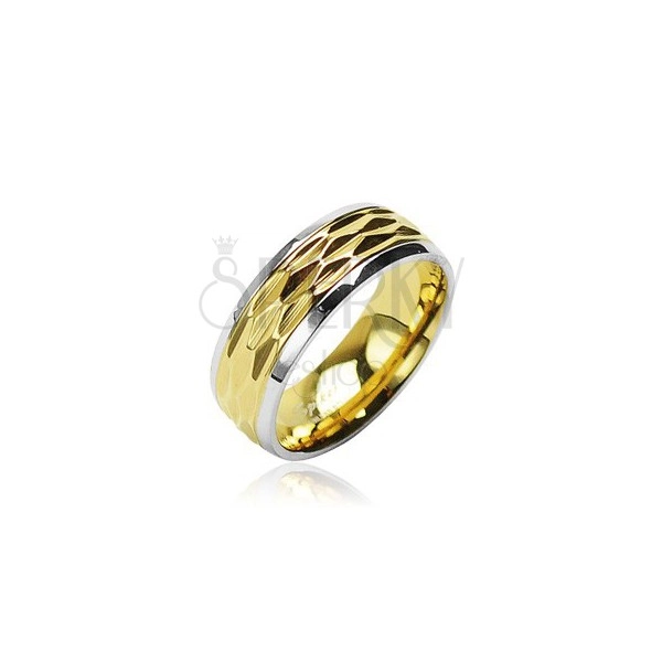 Prsten z chirurgické oceli - zlato-stříbrný zvlněný motiv
