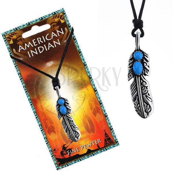 Šňůrkový náhrdelník s indiánským pírkem a modrými očky