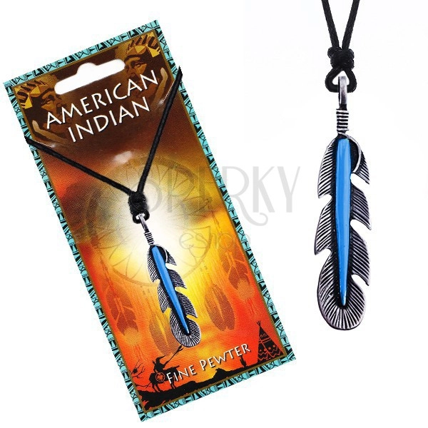 Šňůrkový náhrdelník - černý, indiánské pírko s modrým proužkem