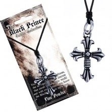 Černá šňůrka na krk a kovový přívěsek, zdvojený kříž, liliové cípy