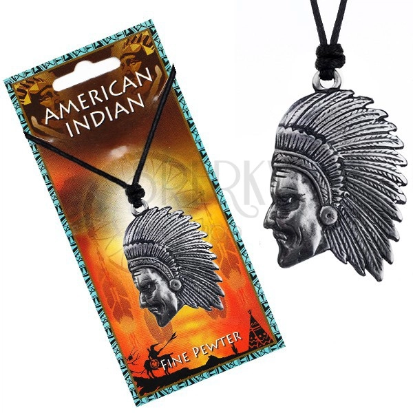 Černý náhrdelník - šňůrka a lesklý kovový přívěsek Indiána
