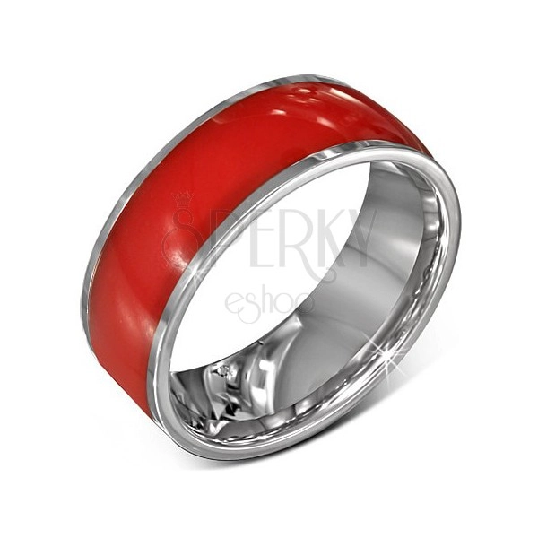 Ocelový prsten - lesklá červená obroučka, stříbrné okraje, 8 mm
