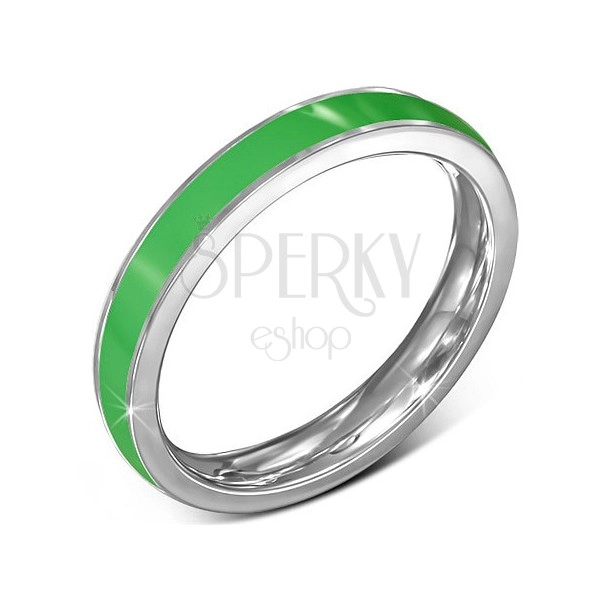 Tenký ocelový prsten - obroučka, zelený pruh, stříbrný okraj