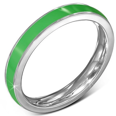 Tenký ocelový prsten - obroučka, zelený pruh, stříbrný okraj - Velikost: 51