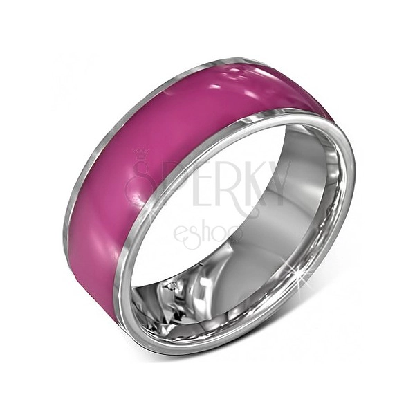 Oceloý prstýnek - lesklý růžový se stříbrnými okraji, 8 mm