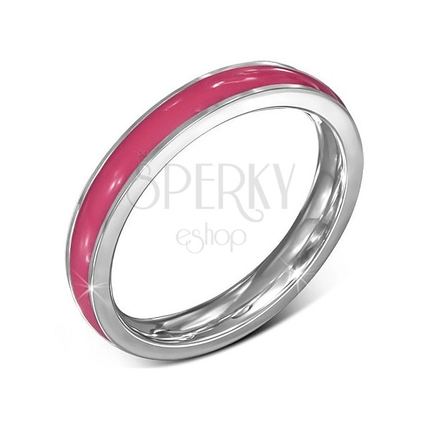 Tenký prstýnek z chirurgické oceli - růžový, stříbrný lem, 3,5 mm