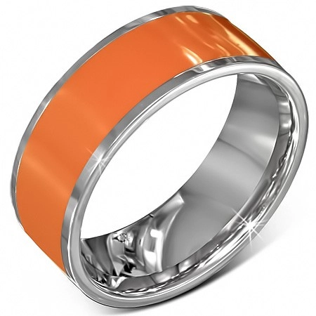 Hladký ocelový kroužek v oranžové barvě se stříbrným okrajem - Velikost: 64