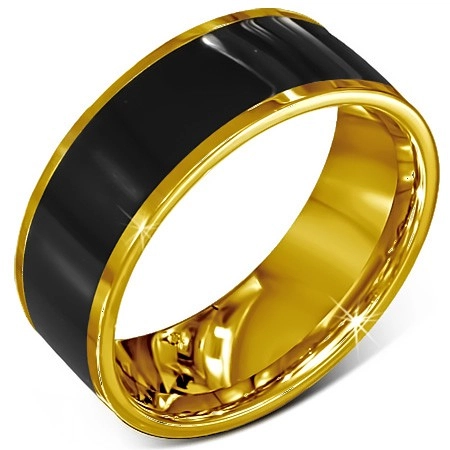 Prsten z chirurgické oceli - hladký černý kroužek, zlatý lem - Velikost: 56
