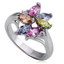 Lesklý kovový prsten - květ, barevné slzičkové a kulaté zirkony