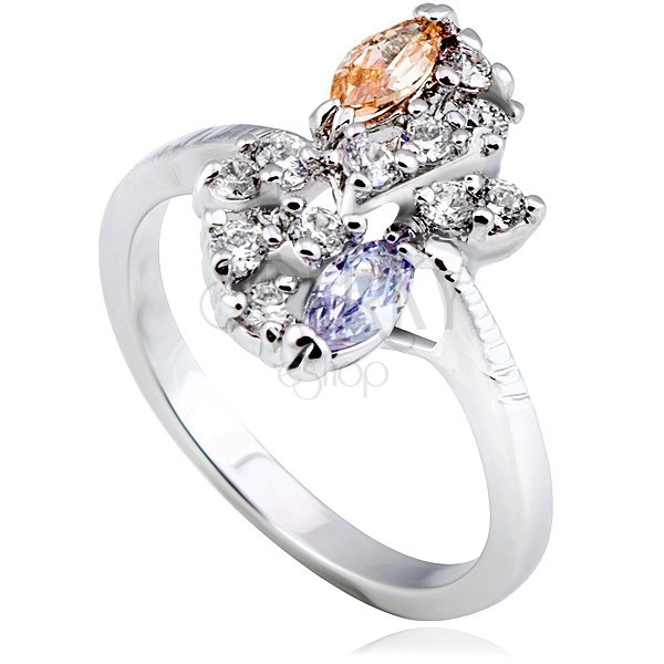 Lesklý prsten z kovu - stříbrný, květ, barevné zirkony v diagonále