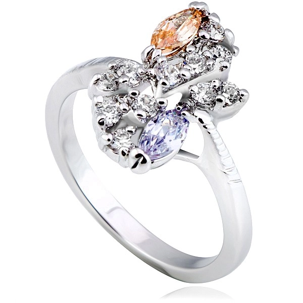 Lesklý prsten z kovu - stříbrný, květ, barevné zirkony v diagonále - Velikost: 58