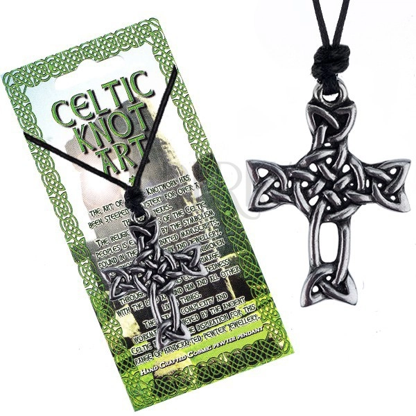 Černá šňůrka na krk a lesklý přívěsek, kříž z keltského uzlu