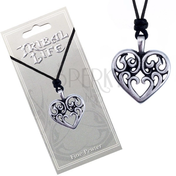 Šňůrkový náhrdelník - lesklý kovový přívěsek, srdce s ornamenty