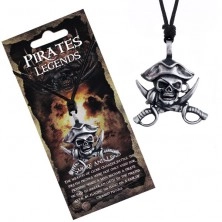 Černý náhrdelník - kovová lebka piráta s kloboukem a meči