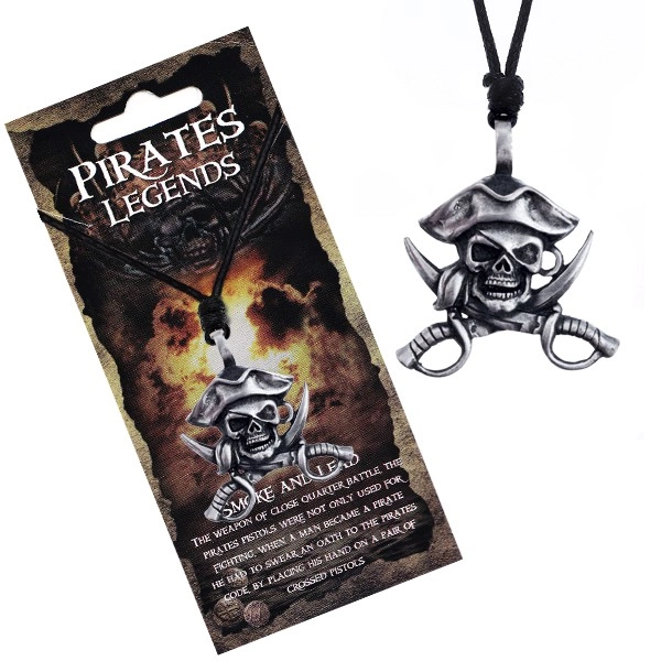 Levně Černý náhrdelník - kovová lebka piráta s kloboukem a meči