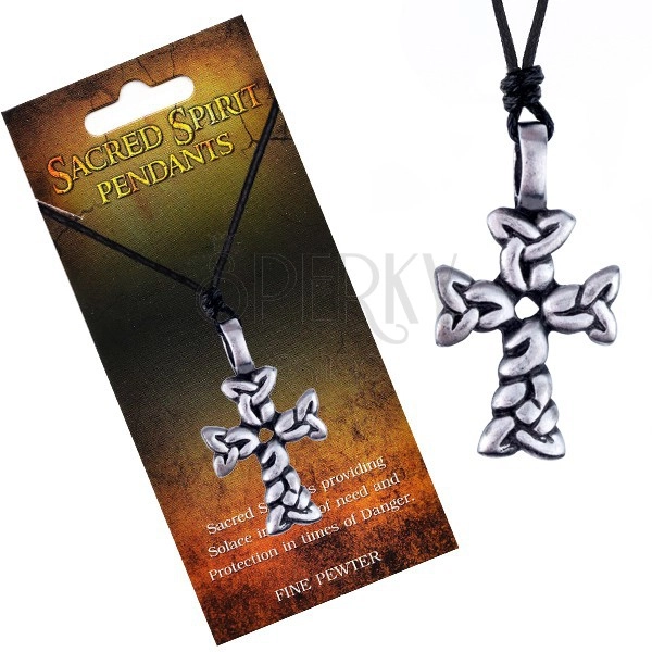 Černý náhrdelník – šňůrka, přívěsek kříže ze spletených oválů