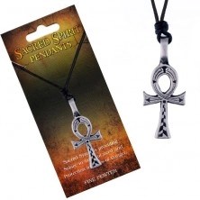 Šňůrkový náhrdelník - černý, kovový přívěsek egyptského kříže