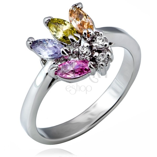 Lesklý prsten z kovu - vějíř barevných zrnkových zirkonů