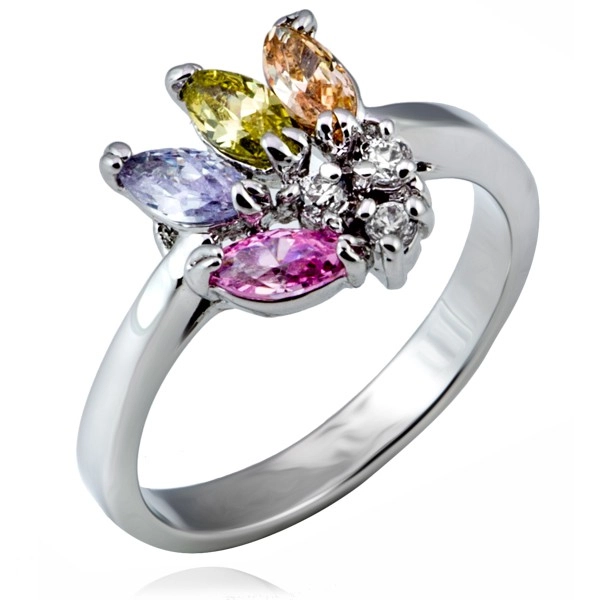 Lesklý prsten z kovu - vějíř barevných zrnkových zirkonů - Velikost: 52