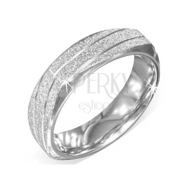 Čtverhranný prsten z oceli - stříbrný, pískovaný, šikmé zářezy