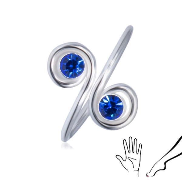 Stříbrný prsten 925 na ruku nebo nohu - dva modré zirkony ve spirálách