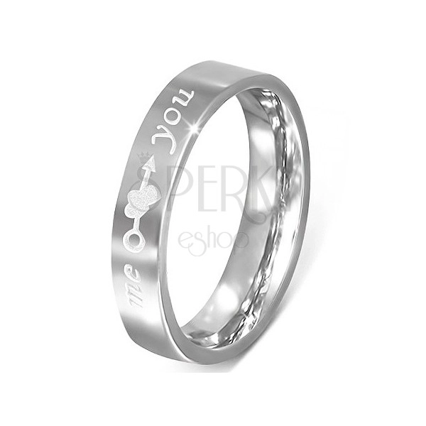 Ocelový prsten - stříbrný, gravírování "me you", srdce a šíp