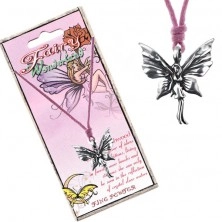 Růžová šňůrka na krk a kovový přívěsek stojící motýlí víly
