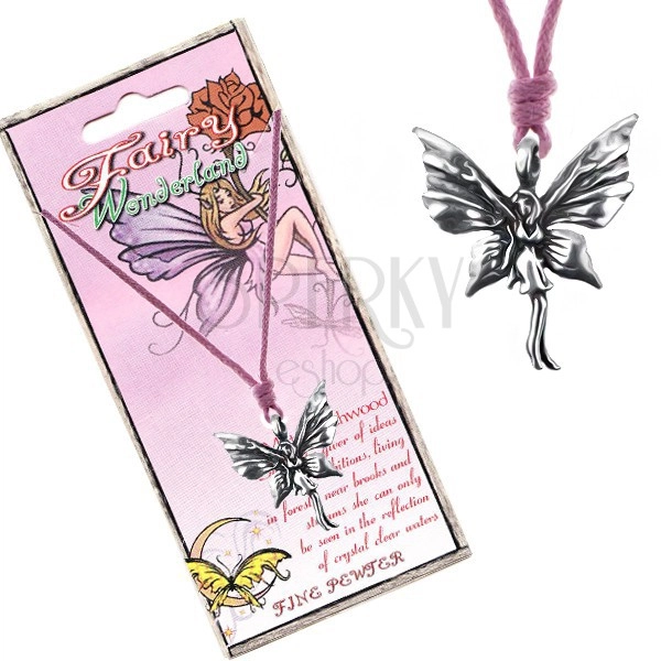Růžová šňůrka na krk a kovový přívěsek stojící motýlí víly
