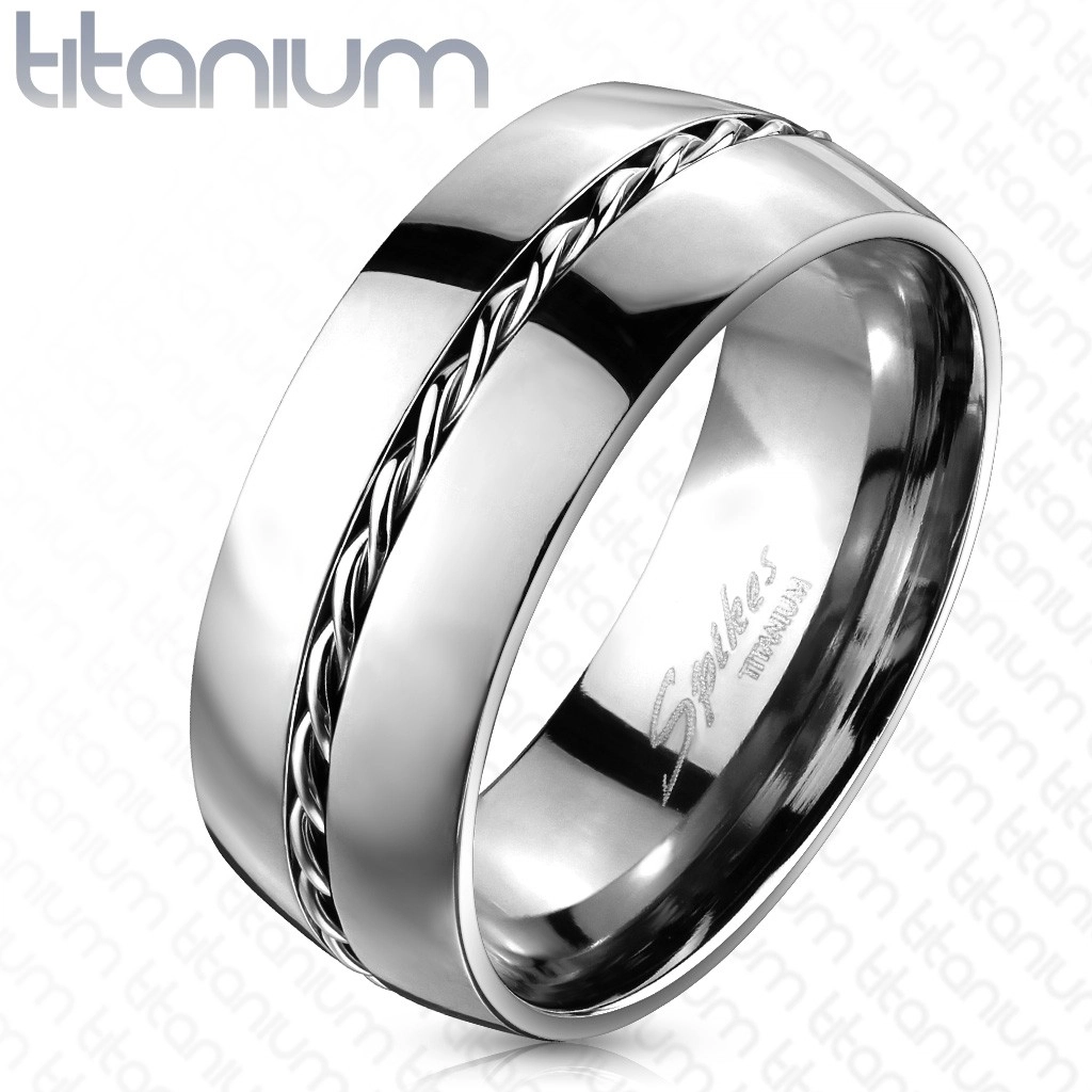 Titanový prsten - stříbrný kroužek, točený drátek uprostřed - Velikost: 51