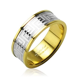 Prsten z chirurgické oceli zlaté barvy se středovým pruhem stříbrné barvy - Velikost: 65