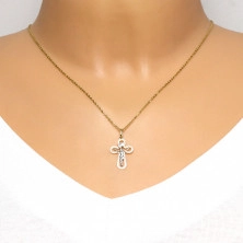 Přívěsek ze 14K zlata - oválný obrys kříže s prohlubinkami a Kristem v bílém zlatě