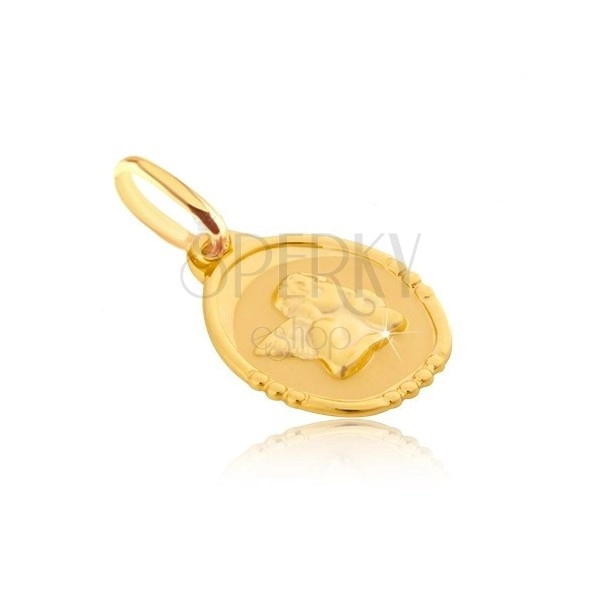 Zlatý přívěsek 585 - oválná známka s buclatým andílkem