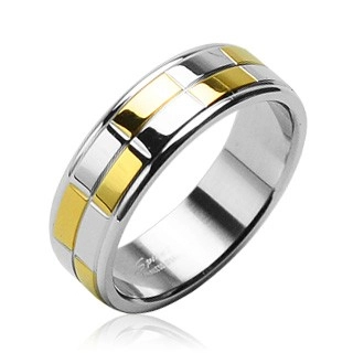 Ocelový snubní prsten se zlatými a stříbrnými lesklými obdélníky - Velikost: 56