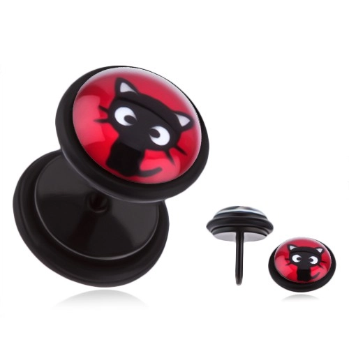Ocelový fake plug do ucha - sedící černé koťátko, červený podklad