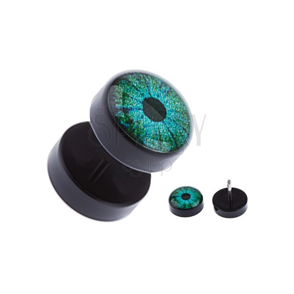 Černý akrylový fake plug do ucha - zelené oko