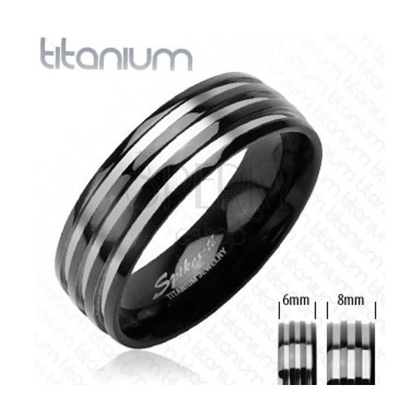 Titanový snubní prsten - se třemi stříbrnými pruhy, černý
