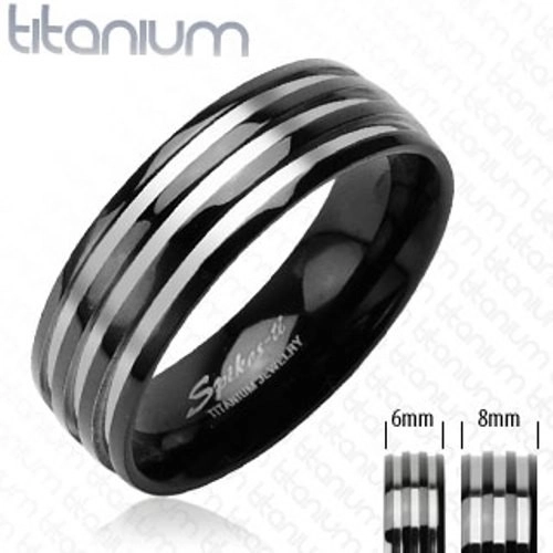 Titanový snubní prsten - se třemi stříbrnými pruhy, černý - Velikost: 66