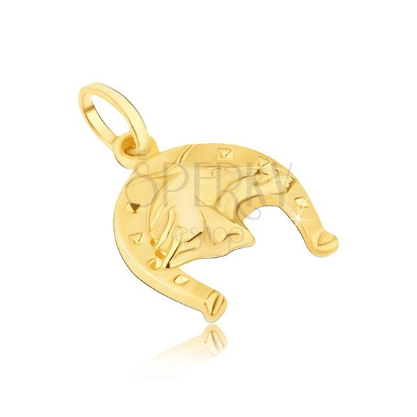 Přívěsek ze 14K zlata - podkova se čtverečky a s 3D hlavou koně