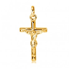 Zlatý 14K přívěsek - ukřižovaný Ježíš na hladkém kříži