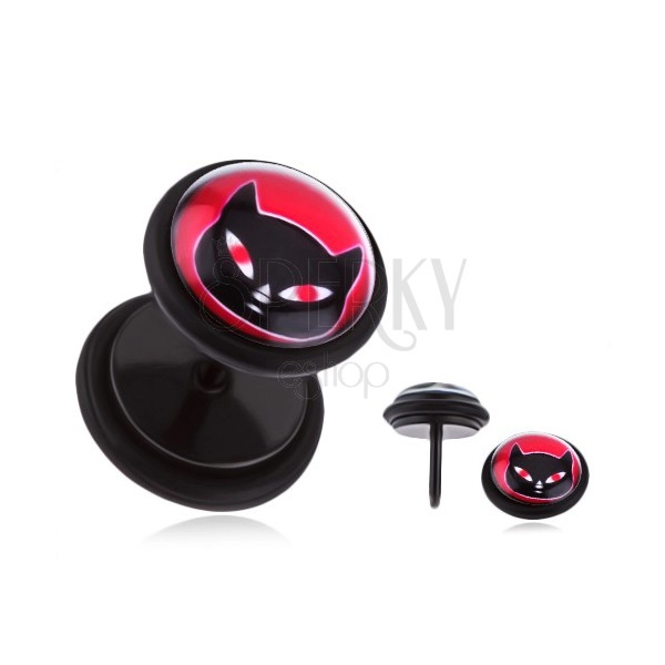 Černý fake plug do ucha s PVD úpravou - ocelový, kočka s červenýma očima