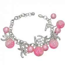 Náramek ze slitiny kovů - růžový, perla, vážka, křišťálová kulička