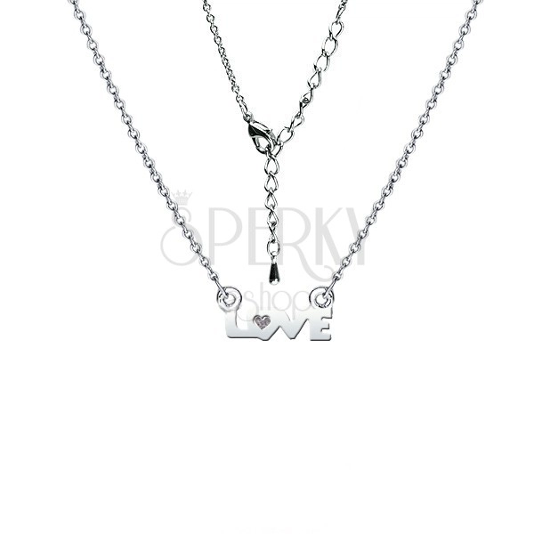 Rhodiovaný lesklý náhrdelník s nápisem LOVE a čirým zirkonem