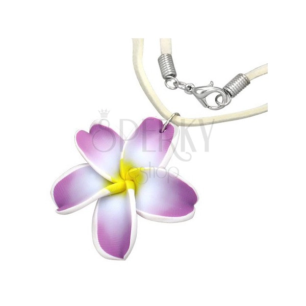 FIMO náhrdelník - fialovo-bílý květ plumérie, béžová kožená šňůrka