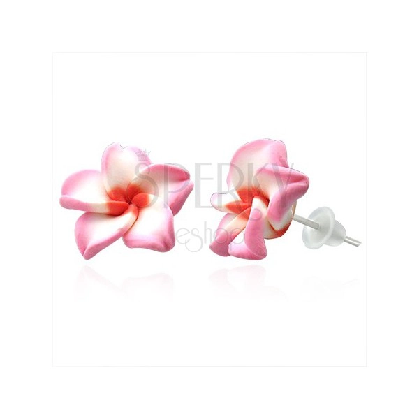 Náušnice z FIMO hmoty - růžovo bílý květ
