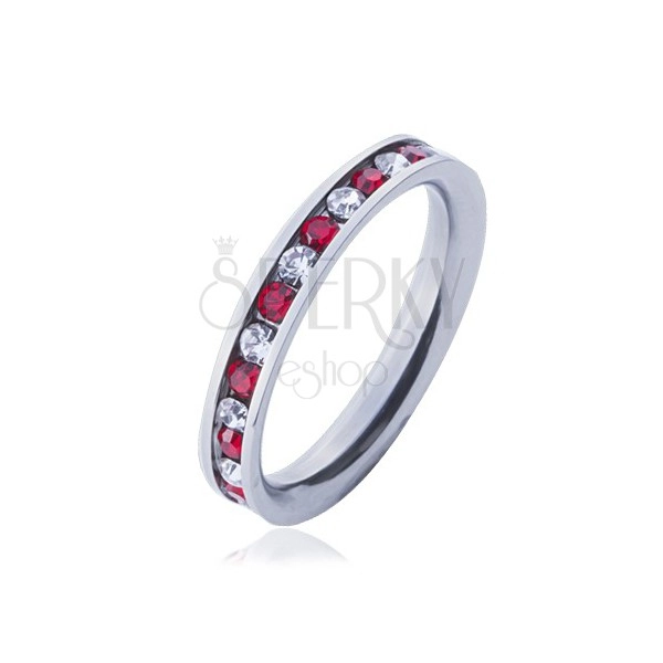 Ocelový prsten - obroučka, střídající se čiré a červené zirkony