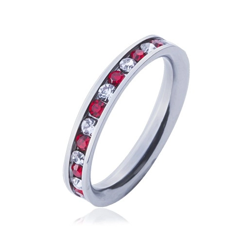 Ocelový prsten - obroučka, střídající se čiré a červené zirkony - Velikost: 54