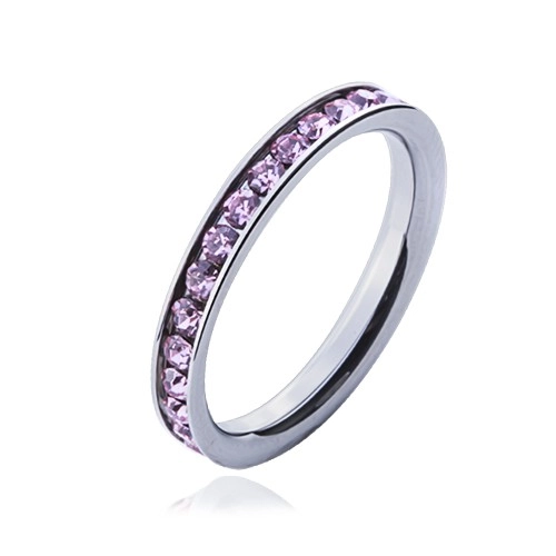 Prsten s růžovými zirkony - ocelový kroužek - Velikost: 49